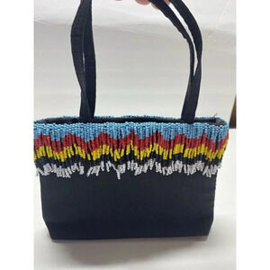Vanessa Womens Black Fabric Purse With Bright Colored Beaded Fringe Around Rim